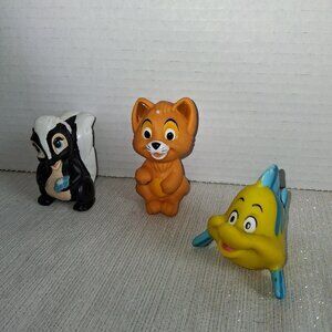 Vintage Walt Disney Character Toy Figures Flounder Fish Oliver Cat Flower skunk